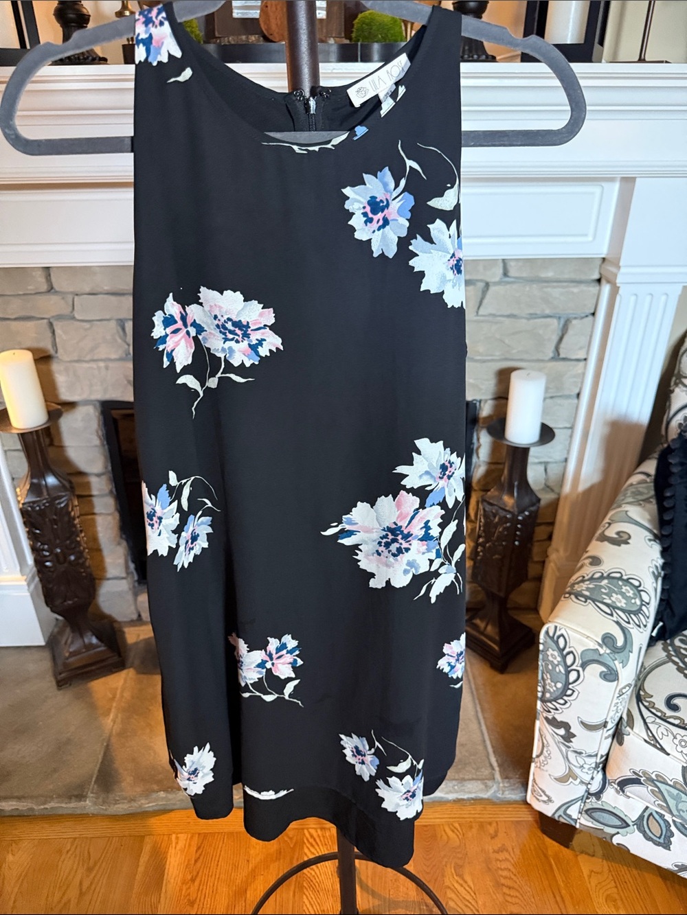 Lila Rose Black A-Line Skirt with Blue and Pink Floral Print